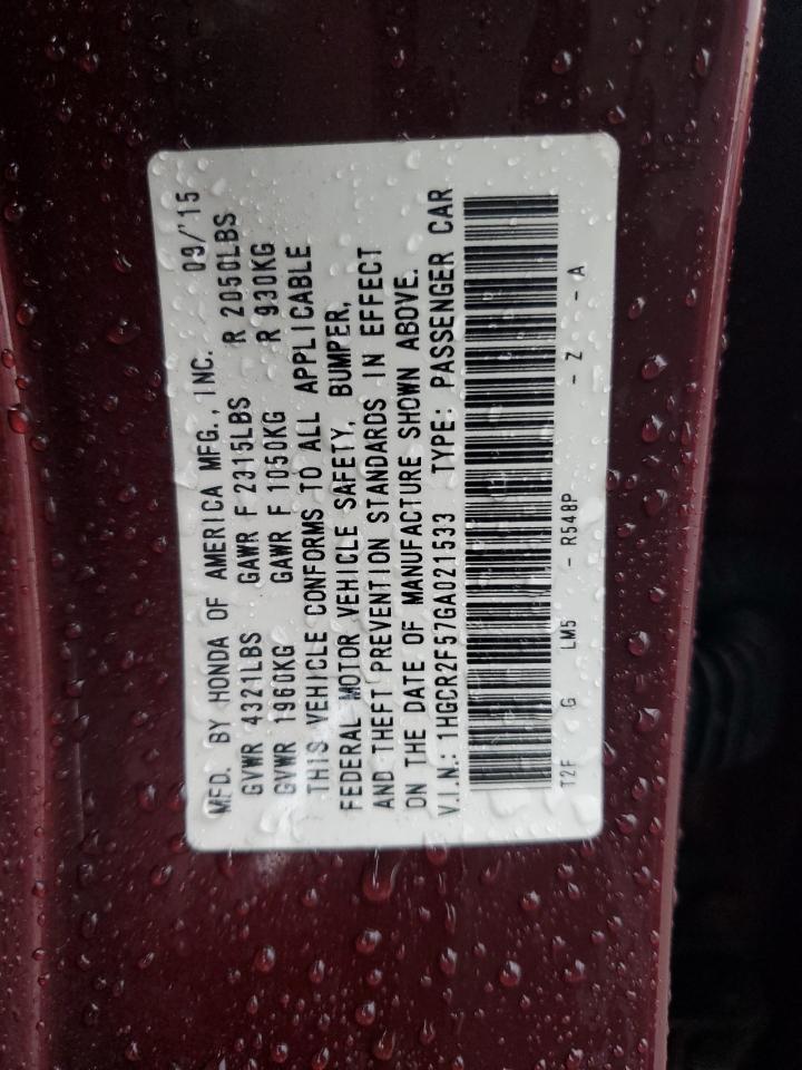 2016 Honda Accord VIN 1HGCR2F57GA021533 Copart auction photo, front end / side damage thumbnail 13