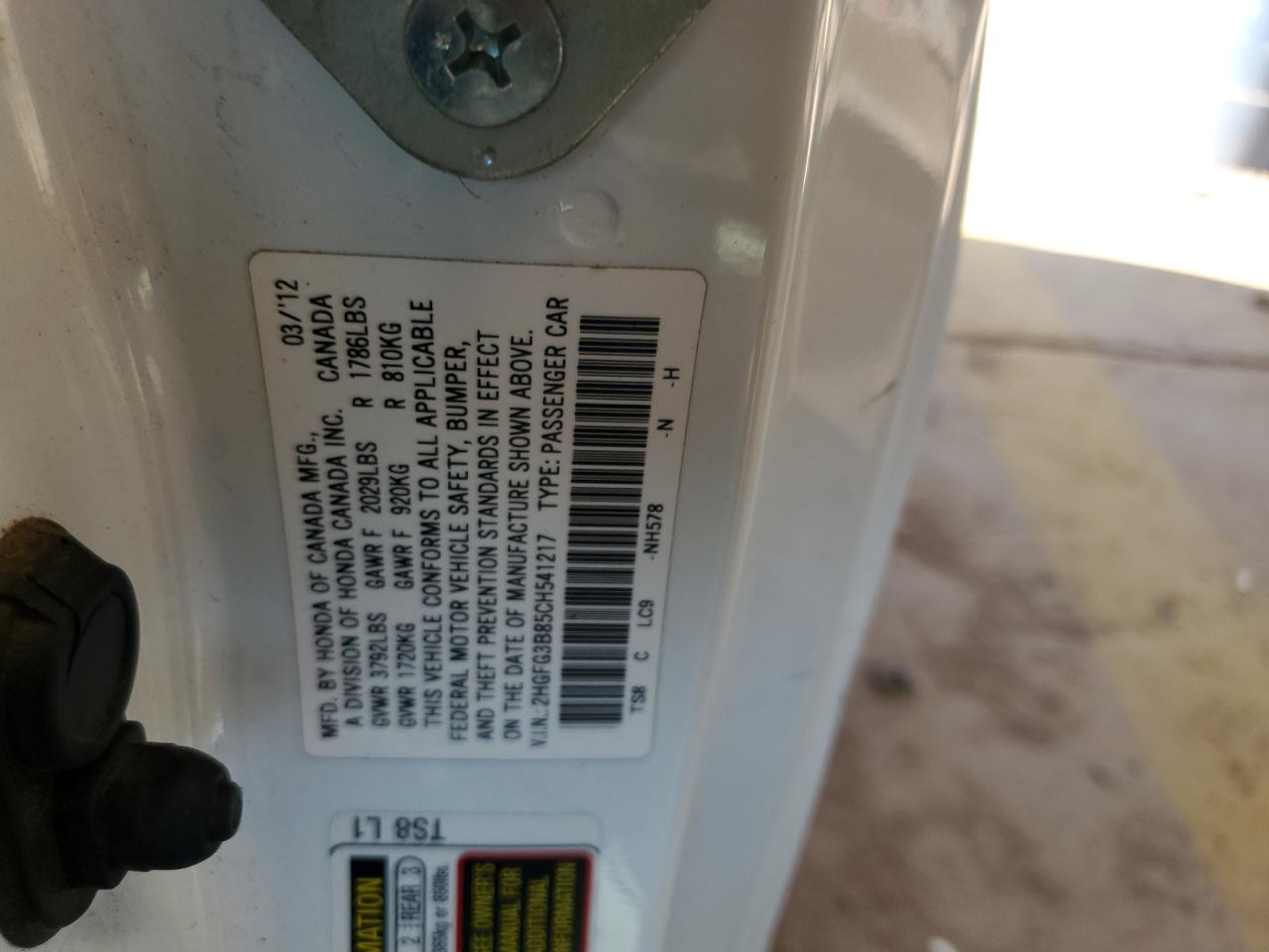2012 Honda Civic VIN 2HGFG3B85CH541217 Copart auction photo, side / rear end damage thumbnail 12