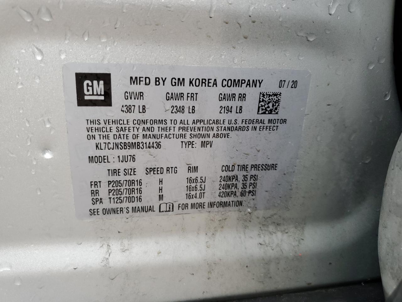 2021 Chevrolet Trax VIN KL7CJNSB9MB314436 Copart auction photo, front end / side damage thumbnail 13