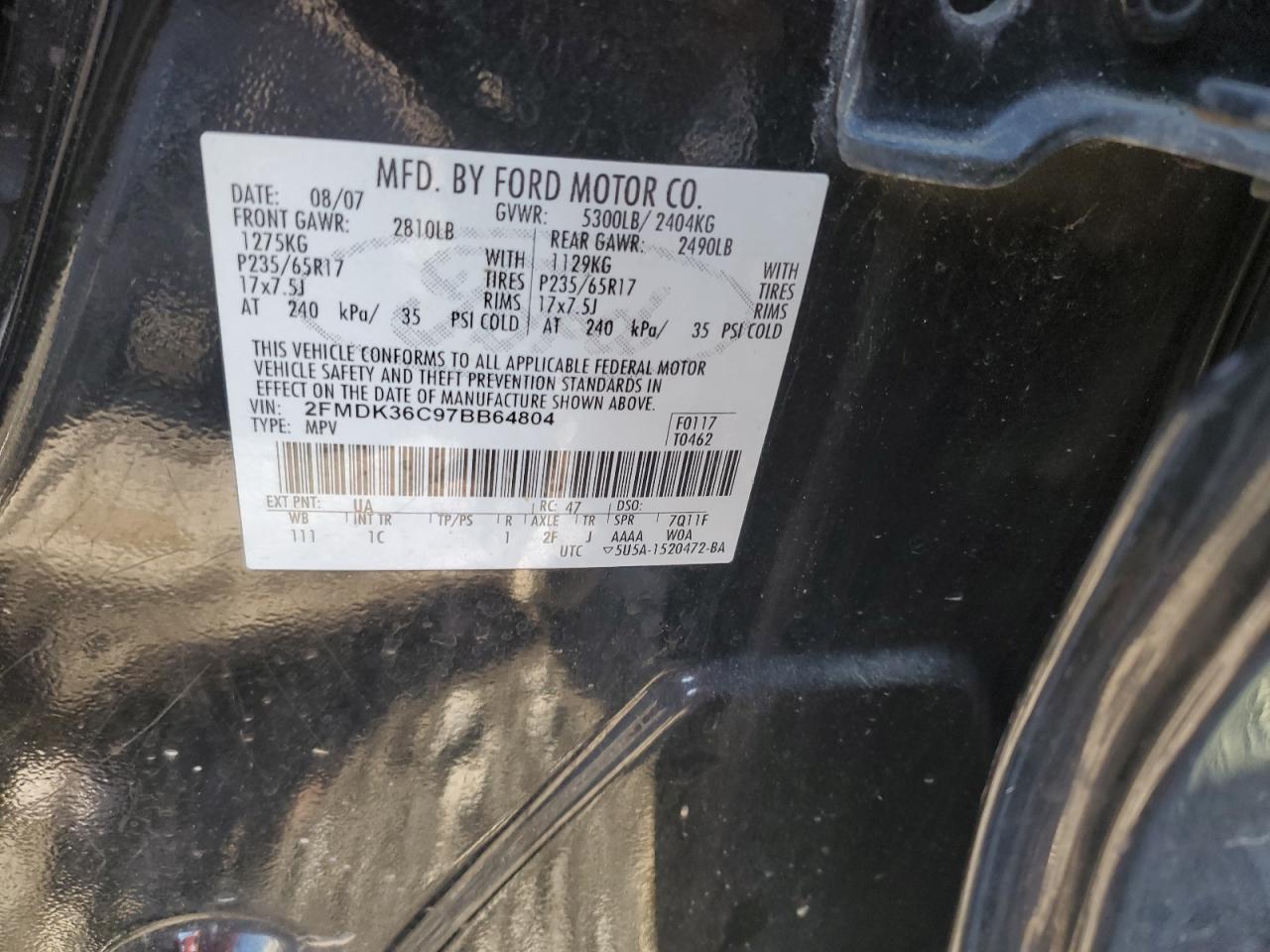 2007 Ford Edge VIN 2FMDK36C97BB64804 Copart auction photo, front end / rear end damage thumbnail 14