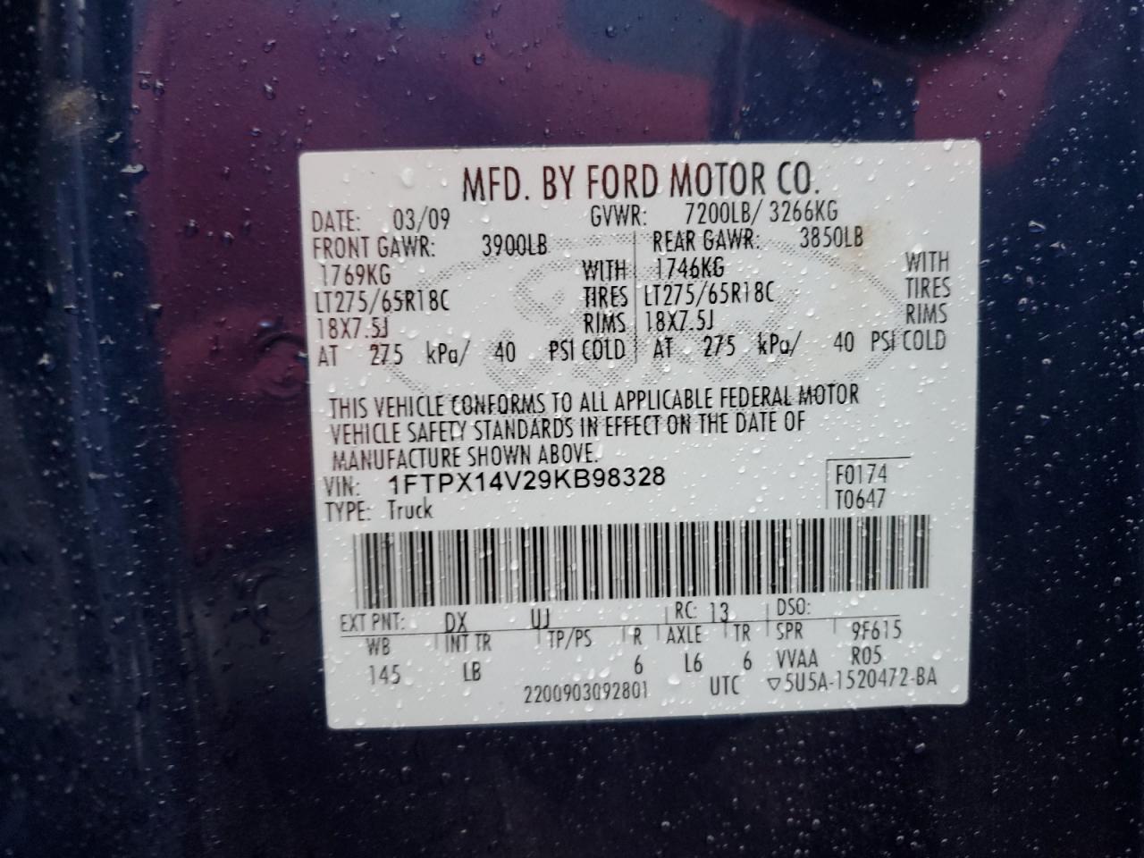 2009 Ford F-150 VIN 1FTPX14V29KB98328 Copart auction photo, rear end / minor dent/scratches damage thumbnail 12