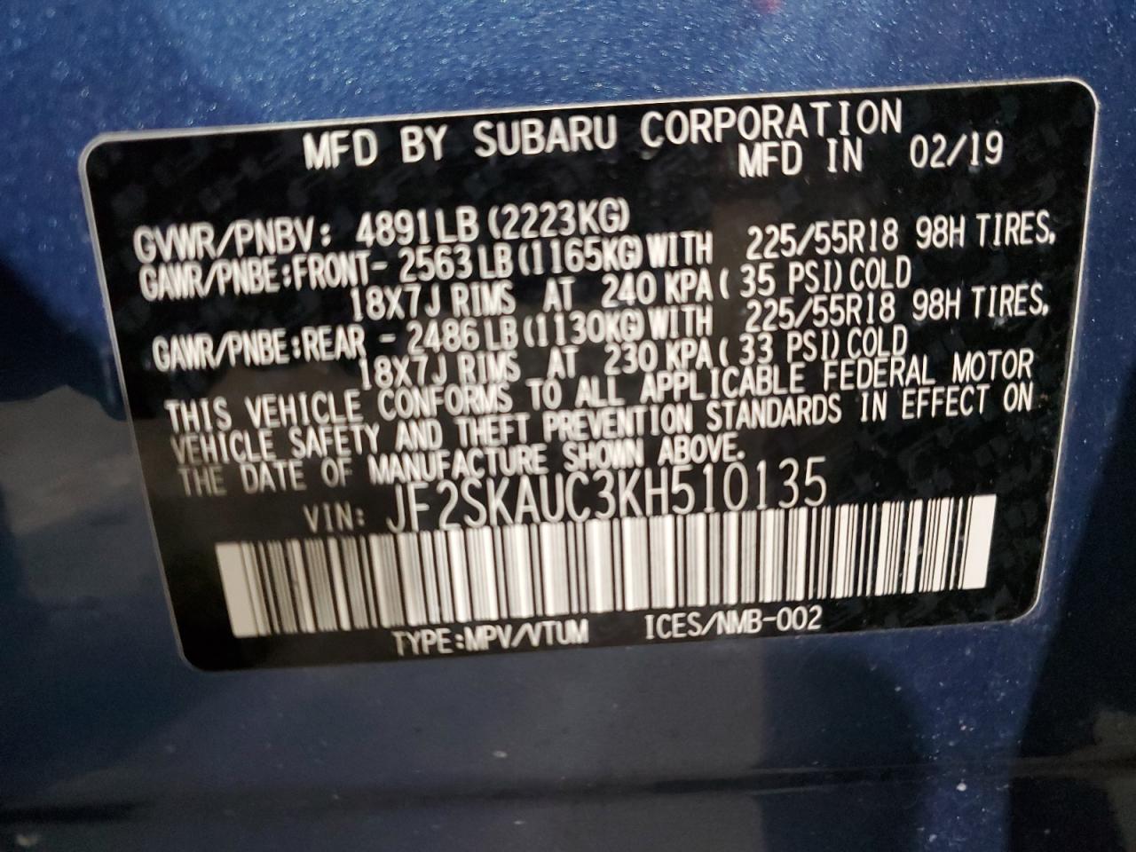 2019 Subaru Forester VIN JF2SKAUC3KH510135 Copart auction photo, front end damage thumbnail 13
