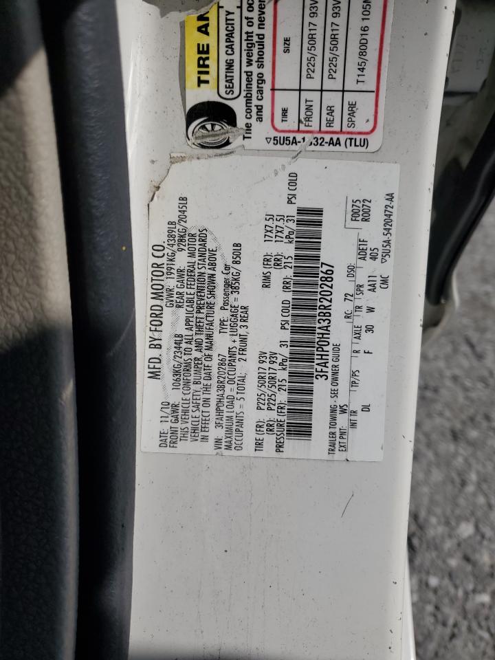 2011 Ford Fusion VIN 3FAHP0HA3BR202867 Copart auction photo, front end / minor dent/scratches damage thumbnail 12