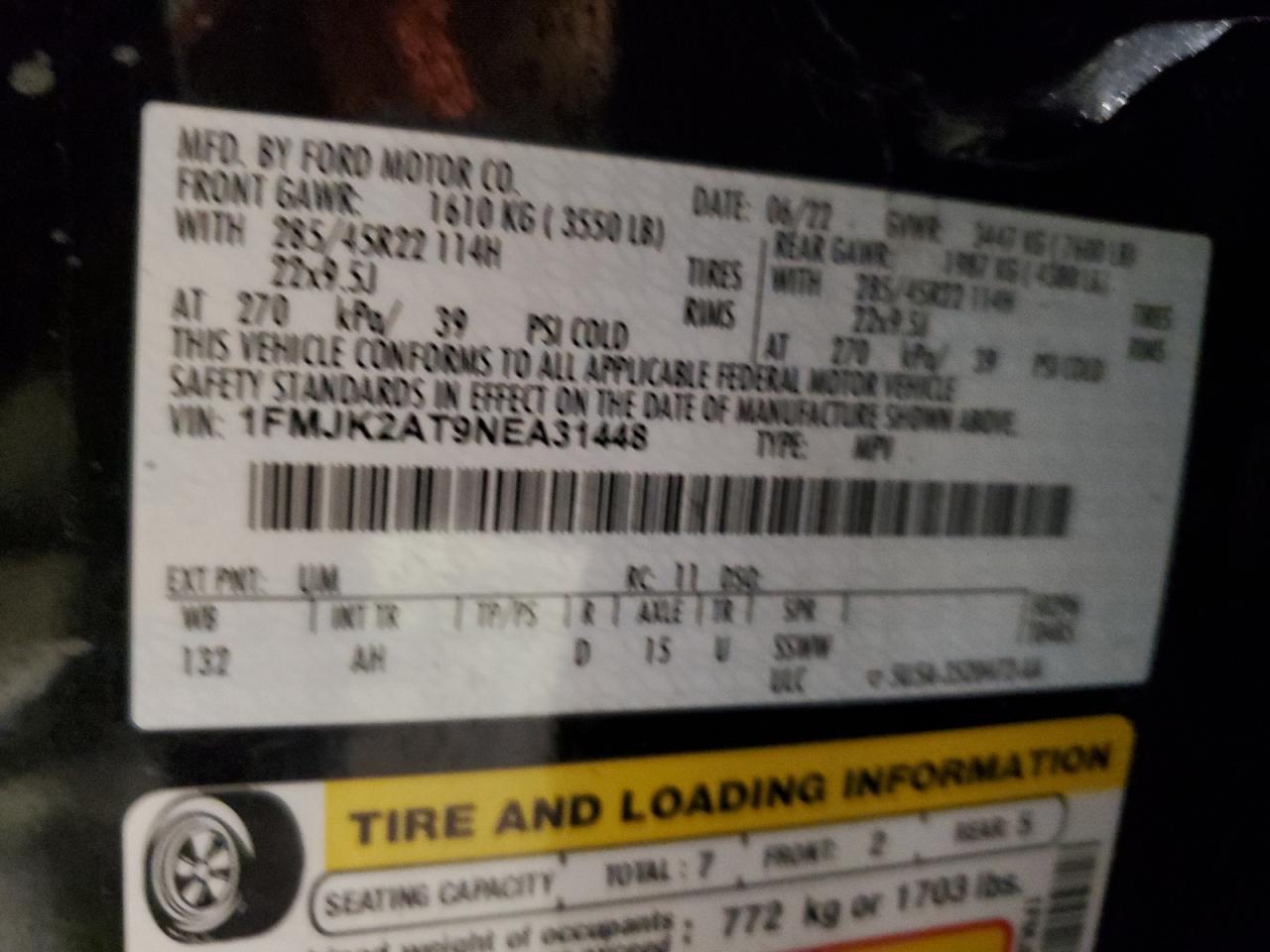 2022 Ford Expedition VIN 1FMJK2AT9NEA31448 Copart auction photo, side / rear end damage thumbnail 13