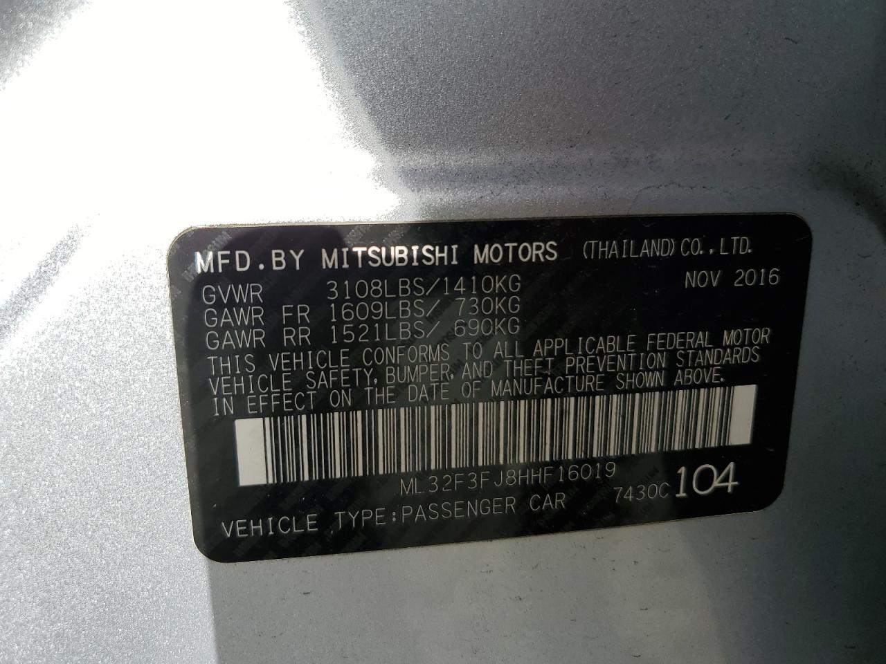 2017 Mitsubishi Mirage VIN ML32F3FJ8HHF16019 Copart auction photo, front end / minor dent/scratches damage thumbnail 15