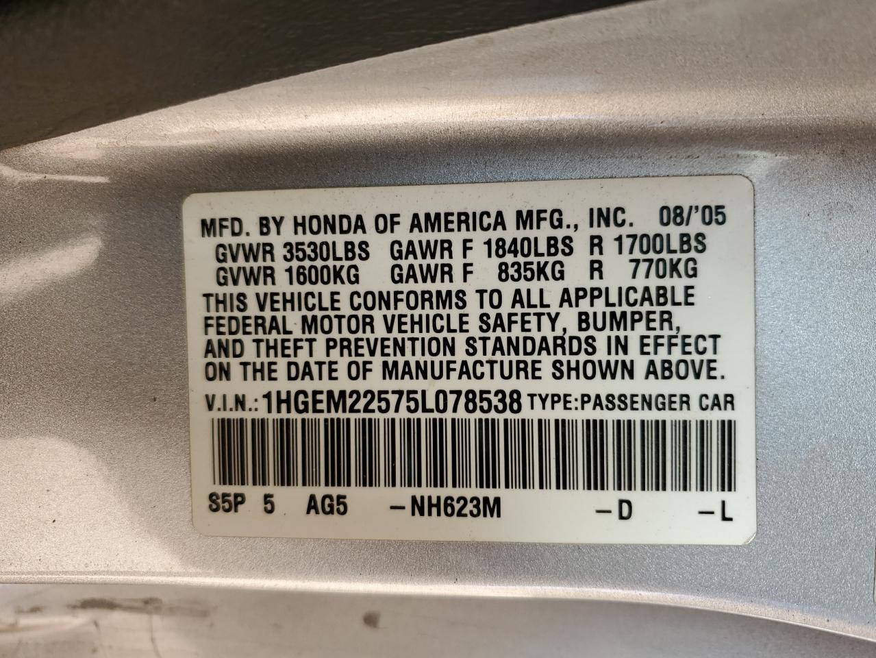 2005 Honda Civic VIN 1HGEM22575L078538 Copart auction photo, side / rear end damage thumbnail 12