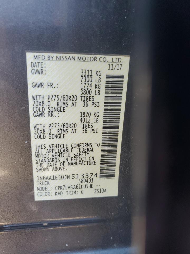 2018 Nissan Titan VIN 1N6AA1E50JN513374 Copart auction photo, front end / minor dent/scratches damage thumbnail 10