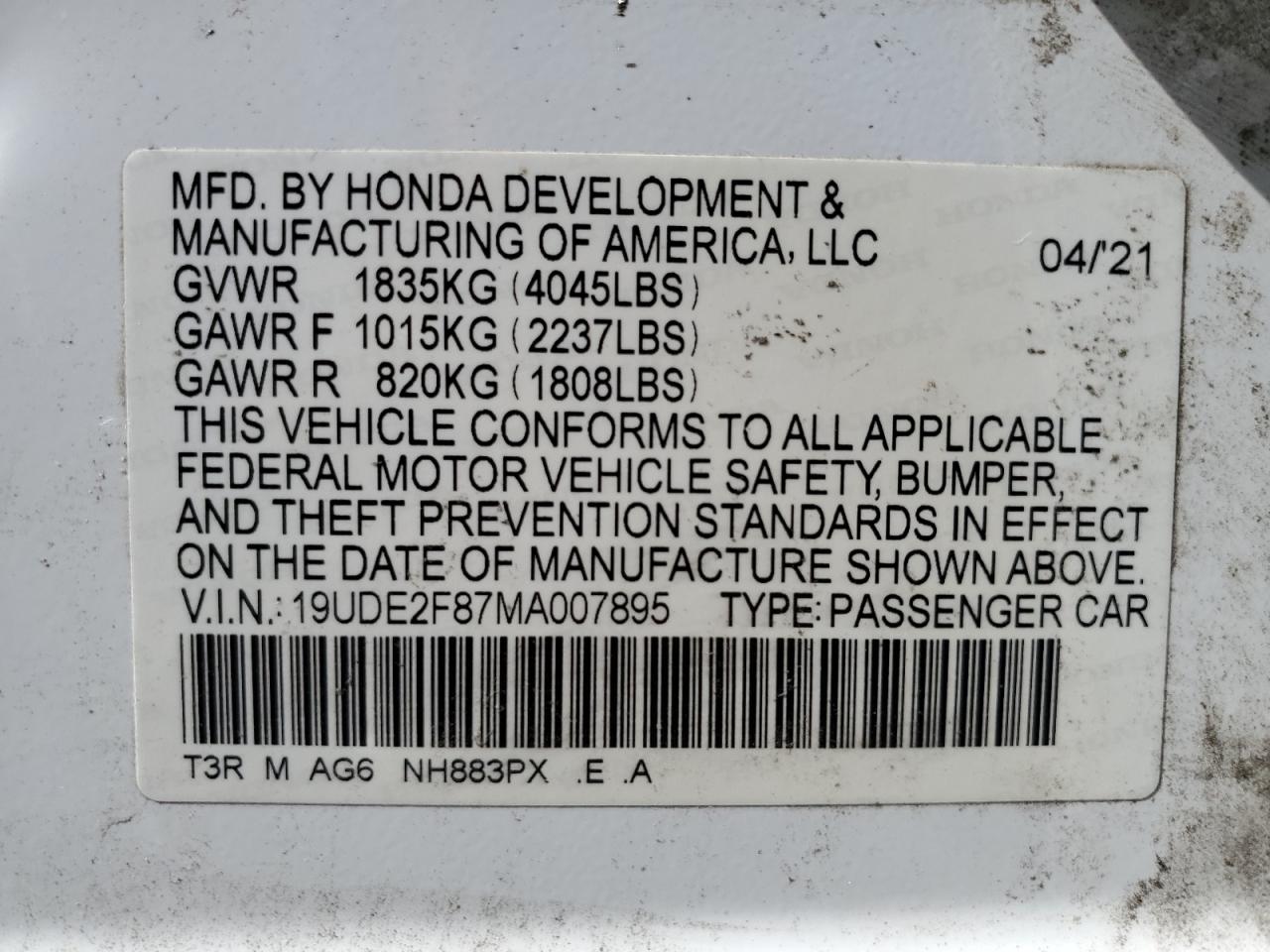 2021 Acura ILX VIN 19UDE2F87MA007895 Copart auction photo, vandalism damage thumbnail 12