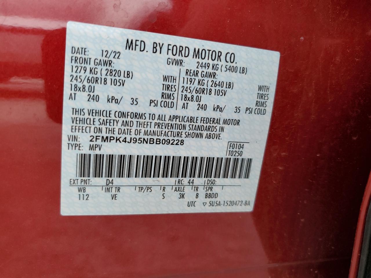 2022 Ford Edge VIN 2FMPK4J95NBB09228 Copart auction photo, side / rear end damage thumbnail 15