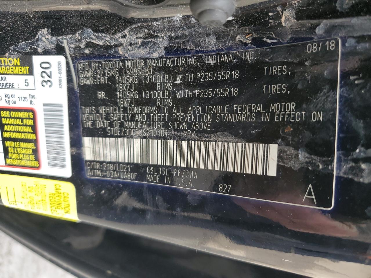 2019 Toyota Sienna VIN 5TDEZ3DC6KS210104 Copart auction photo, all over / undercarriage damage thumbnail 14