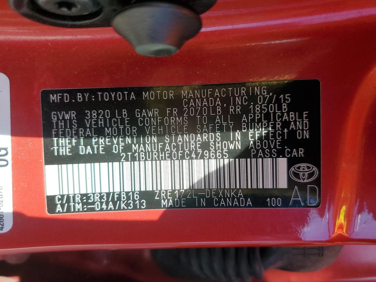 2015 Toyota Corolla VIN 2T1BURHE0FC479665 Copart auction photo, rear end damage thumbnail 15