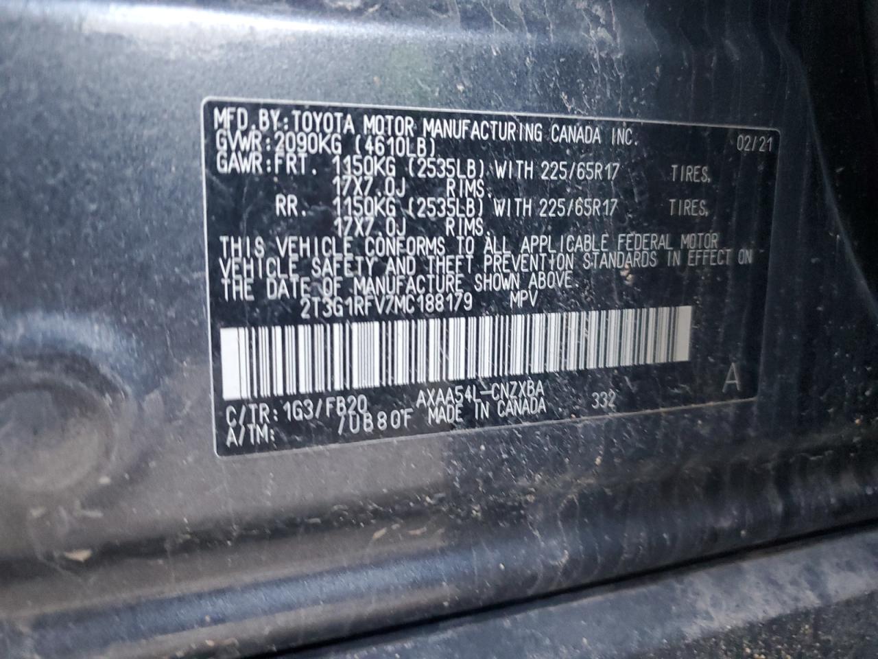 2021 Toyota RAV 4 VIN 2T3G1RFV7MC188179 Copart auction photo, front end damage thumbnail 13