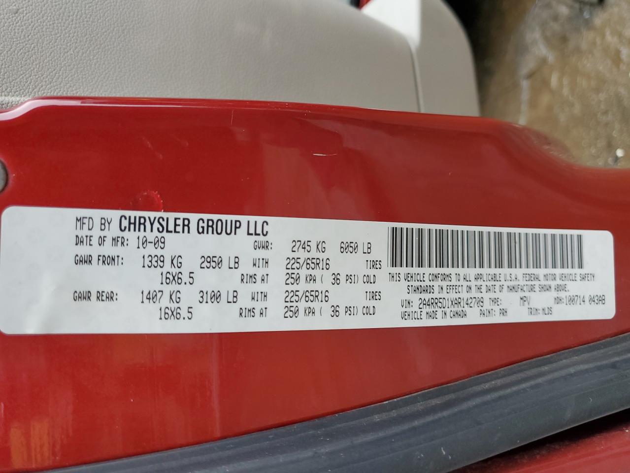 2010 Chrysler Town & Country VIN 2A4RR5D1XAR142709 Copart auction photo, rear end / front end damage thumbnail 13
