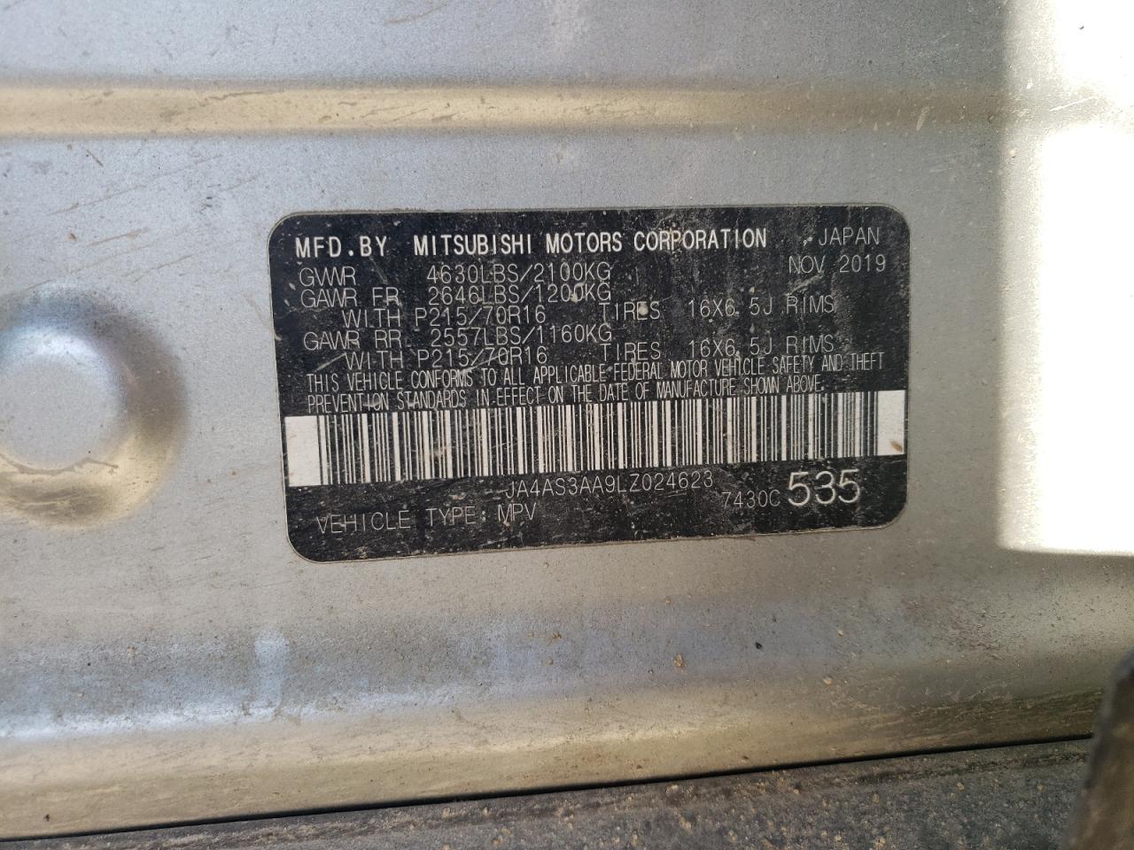 2020 Mitsubishi Eclipse VIN JA4AS3AA9LZ024623 Copart auction photo, front end damage thumbnail 13