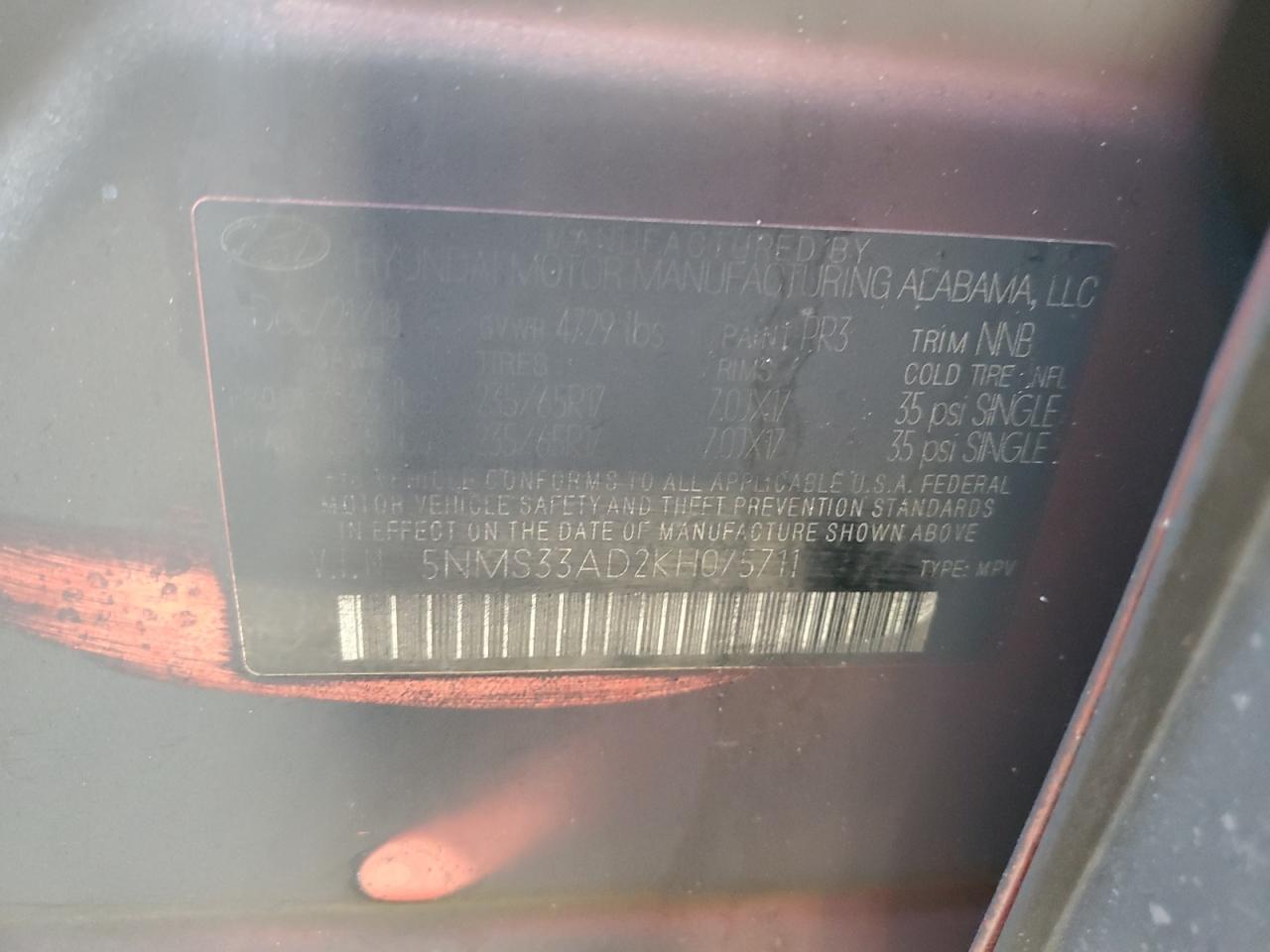 2019 Hyundai Santa Fe VIN 5NMS33AD2KH075711 Copart auction photo, burn damage thumbnail 12