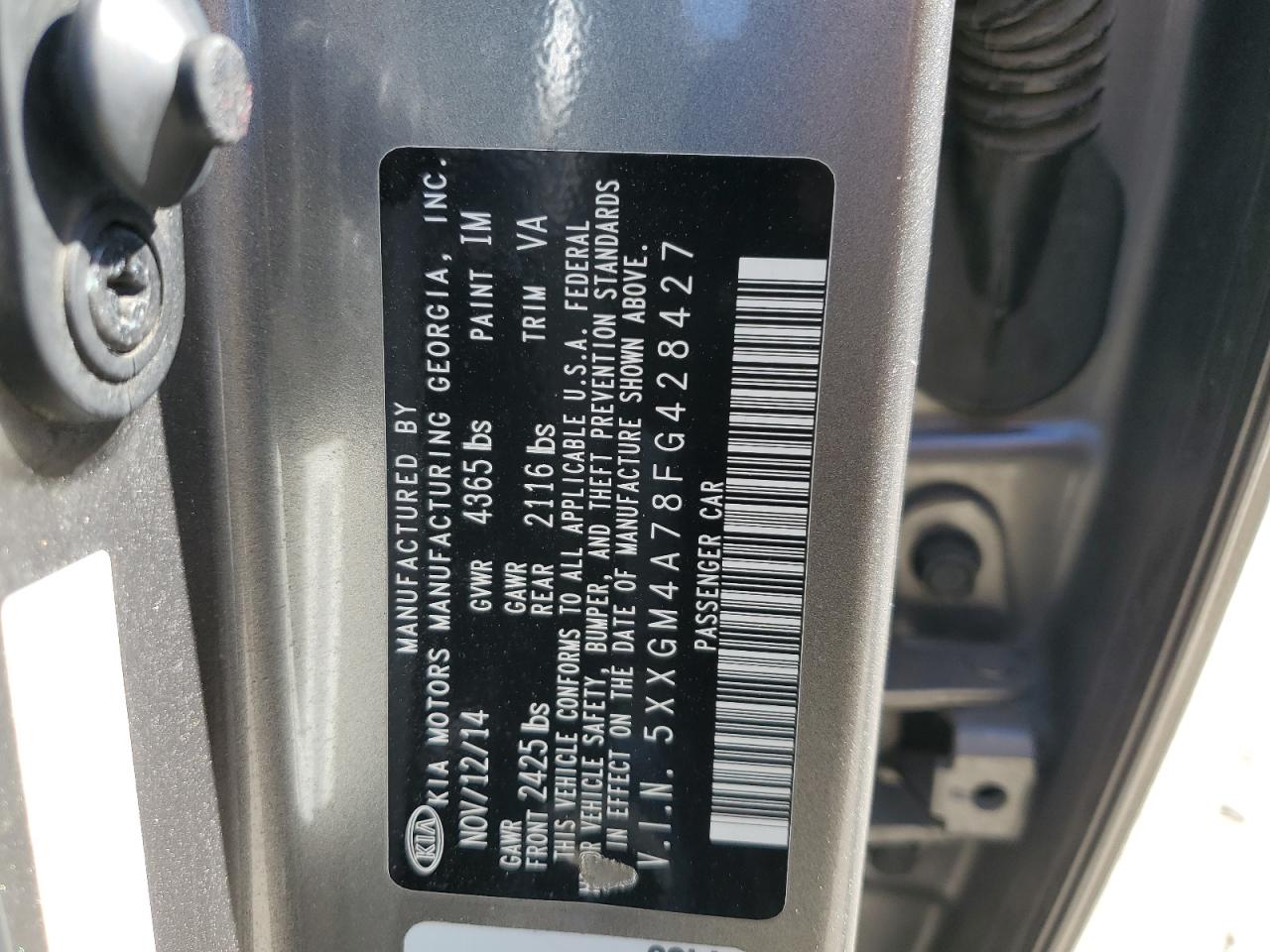 2015 KIA Optima VIN 5XXGM4A78FG428427 Copart auction photo, rear end damage thumbnail 12