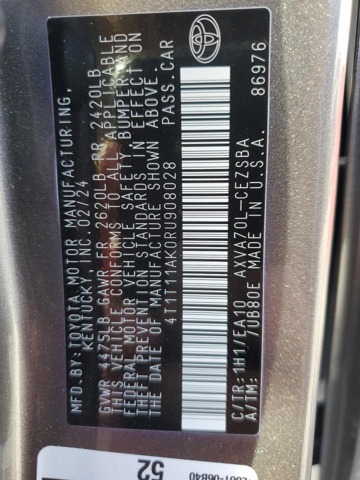 2024 Toyota Camry VIN 4T1T11AK0RU908028 Copart auction photo, rear end damage thumbnail 15