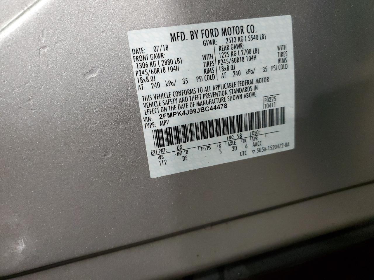 2018 Ford Edge VIN 2FMPK4J99JBC44478 Copart auction photo, front end damage thumbnail 13