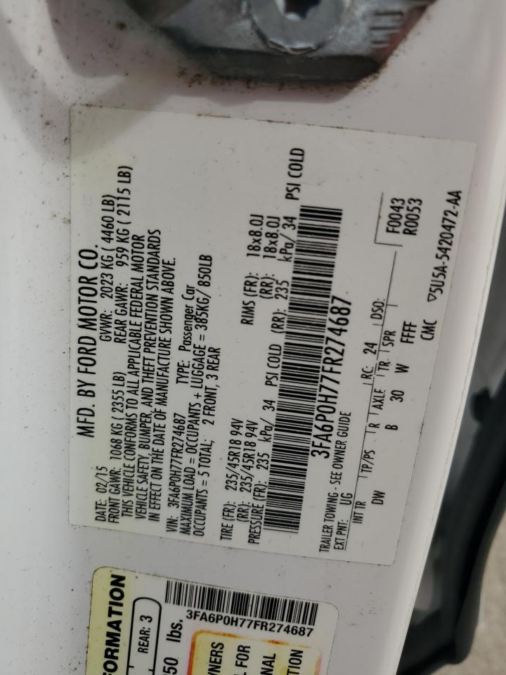 2015 Ford Fusion VIN 3FA6P0H77FR274687 Copart auction photo, rear end / front end damage thumbnail 12