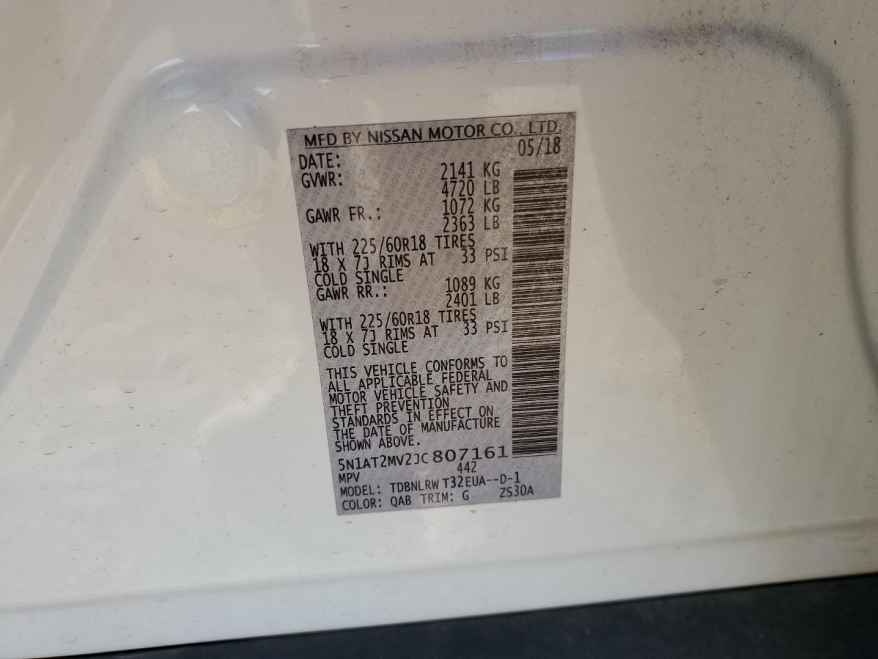 2018 Nissan Rogue VIN 5N1AT2MV2JC807161 Copart auction photo, front end / minor dent/scratches damage thumbnail 16