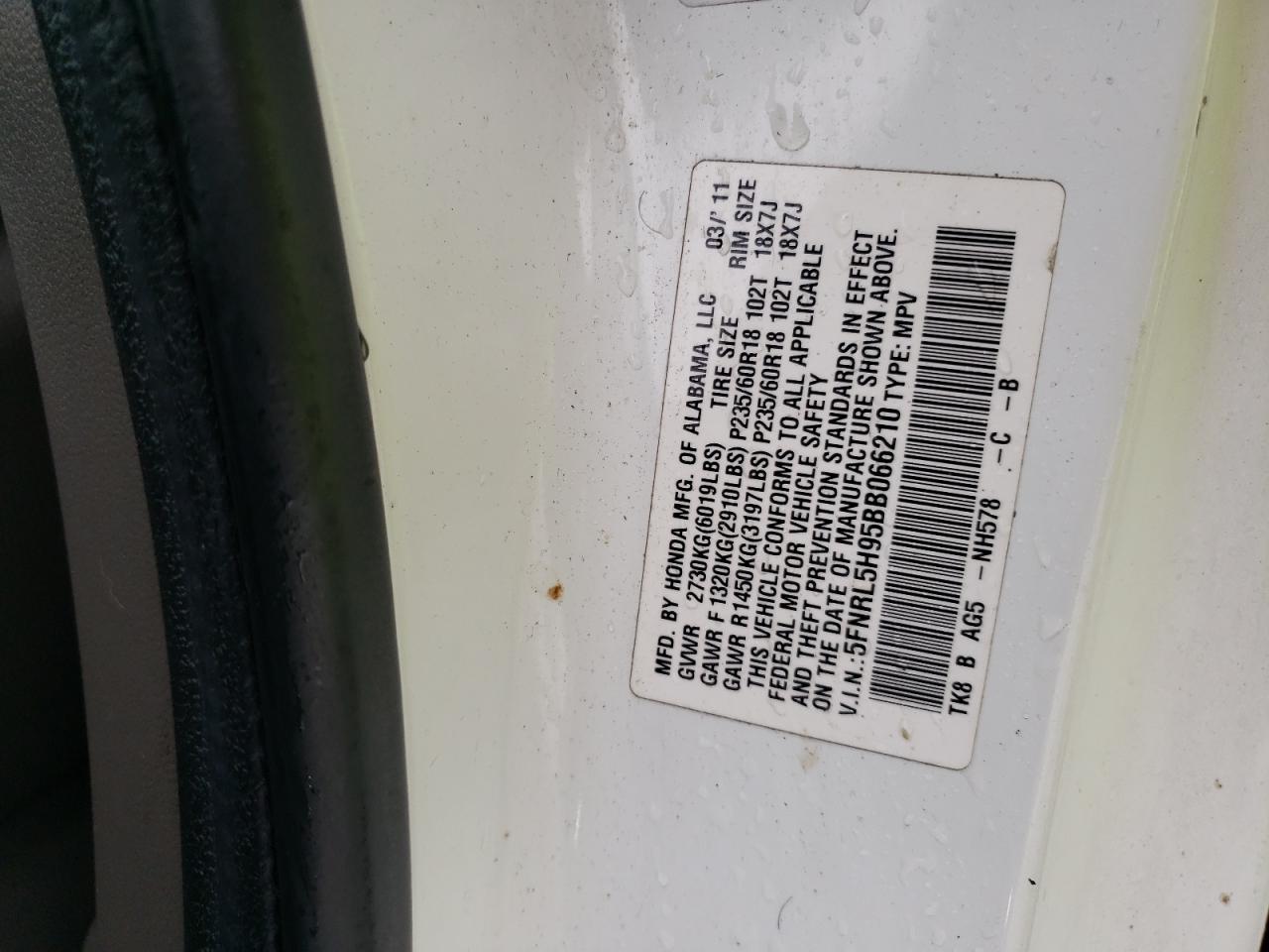 2011 Honda Odyssey VIN 5FNRL5H95BB066210 Copart auction photo, rear end / front end damage thumbnail 13