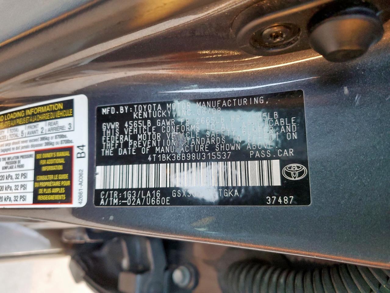 2008 Toyota Avalon VIN 4T1BK36B98U315537 Copart auction photo, front end damage thumbnail 12