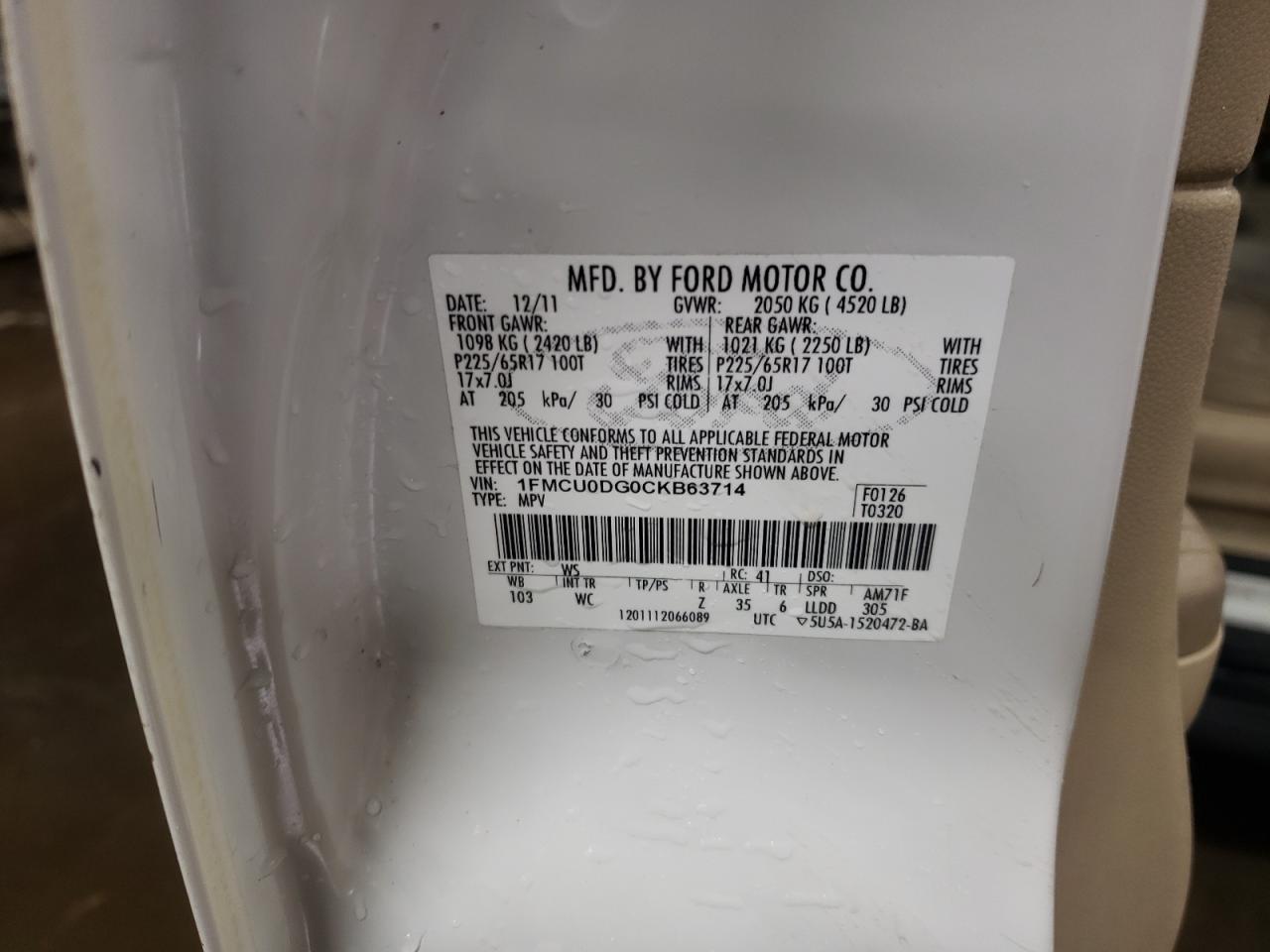 2012 Ford Escape VIN 1FMCU0DG0CKB63714 Copart auction photo, mechanical damage thumbnail 13