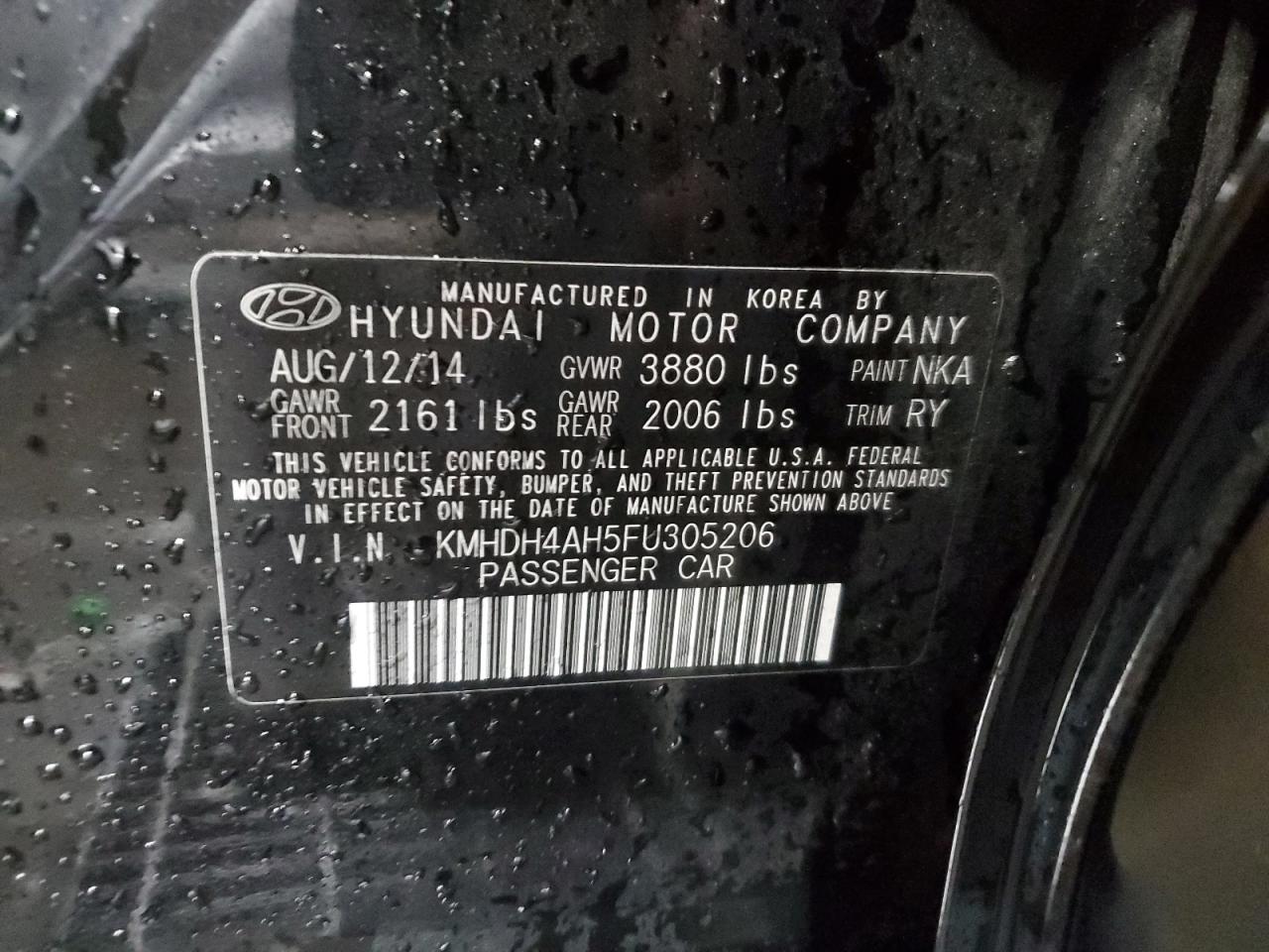 2015 Hyundai Elantra VIN KMHDH4AH5FU305206 Copart auction photo, front end / rear end damage thumbnail 14