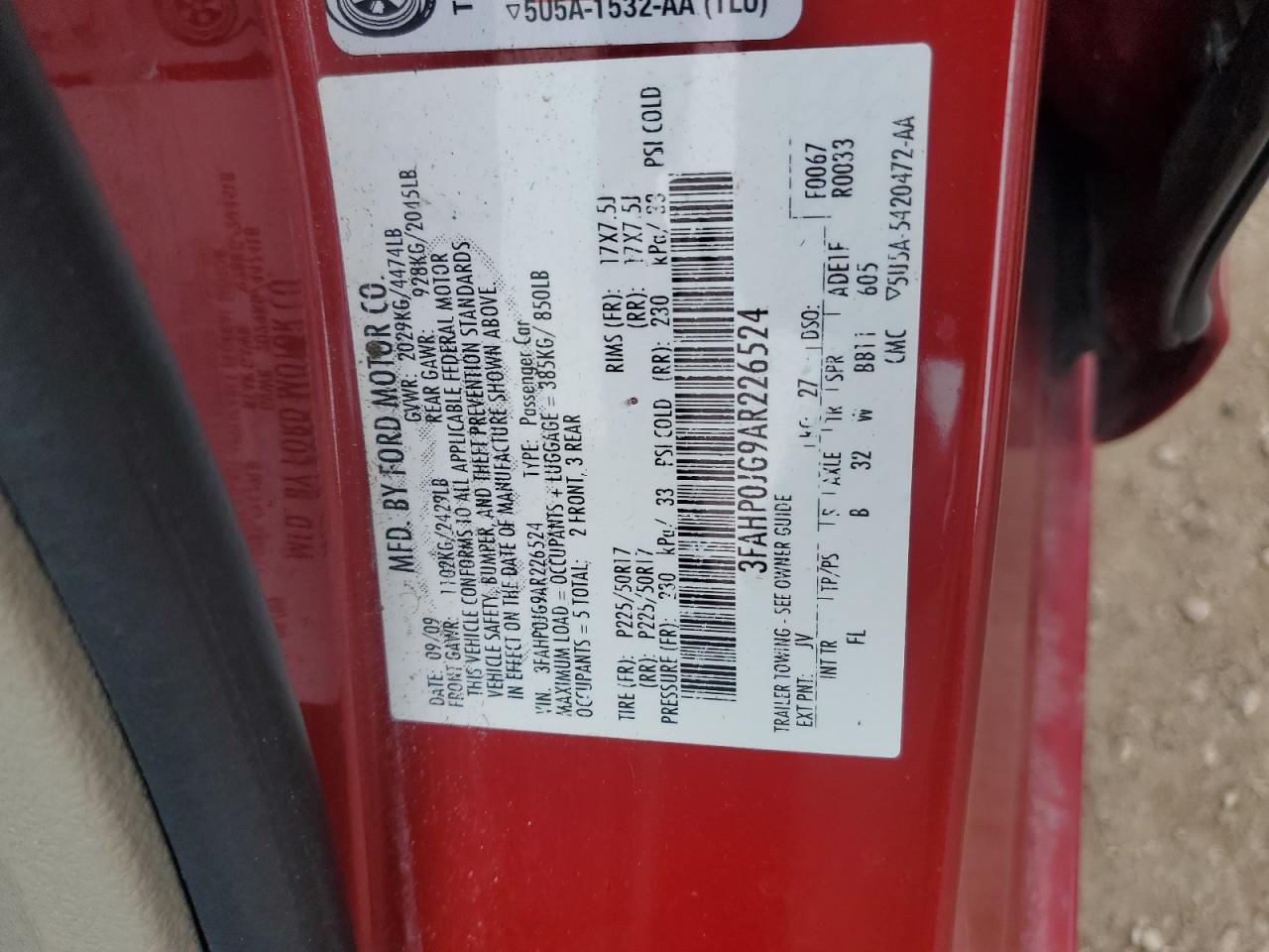 2010 Ford Fusion VIN 3FAHP0JG9AR226524 Copart auction photo, front end damage thumbnail 13