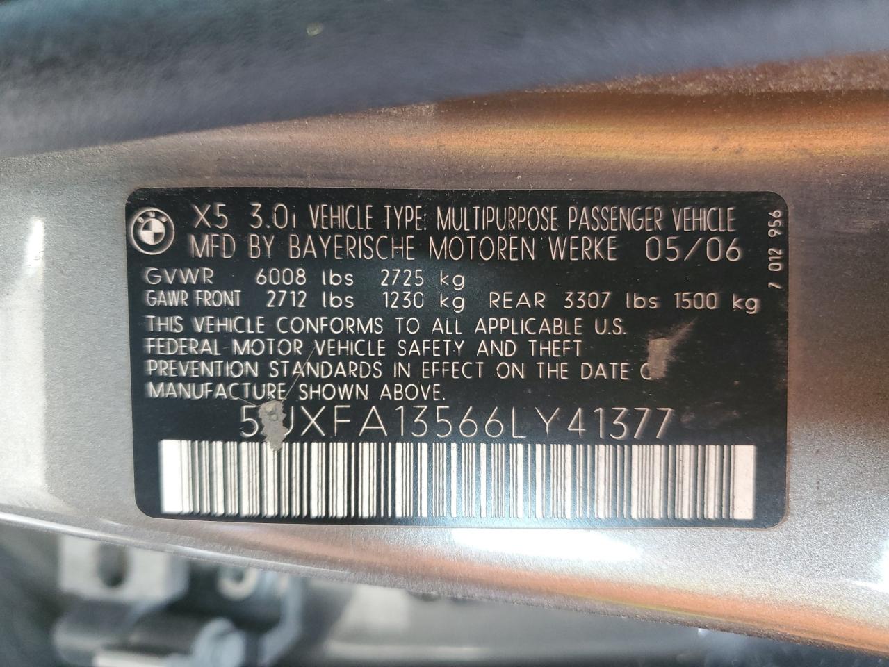 2006 BMW X5 VIN 5UXFA13566LY41377 Copart auction photo, mechanical / minor dent/scratches damage thumbnail 13