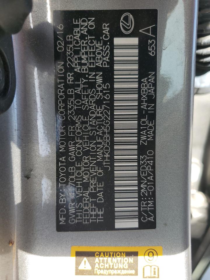 2016 Lexus CT VIN JTHKD5BH5G2271615 Copart auction photo, front end / side damage thumbnail 12