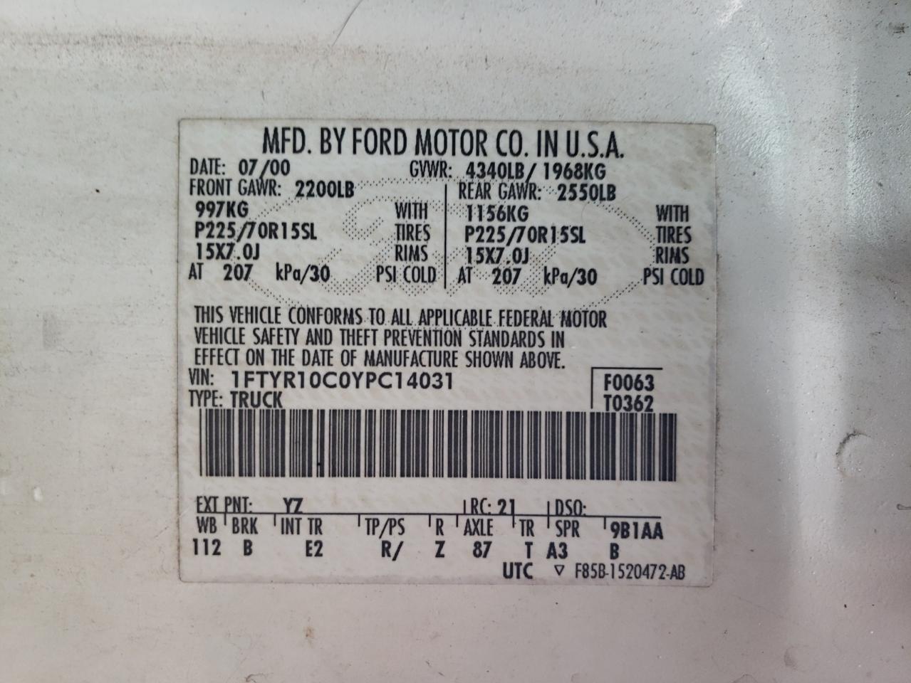 2000 Ford Ranger VIN 1FTYR10C0YPC14031 Copart auction photo, all over / undercarriage damage thumbnail 12