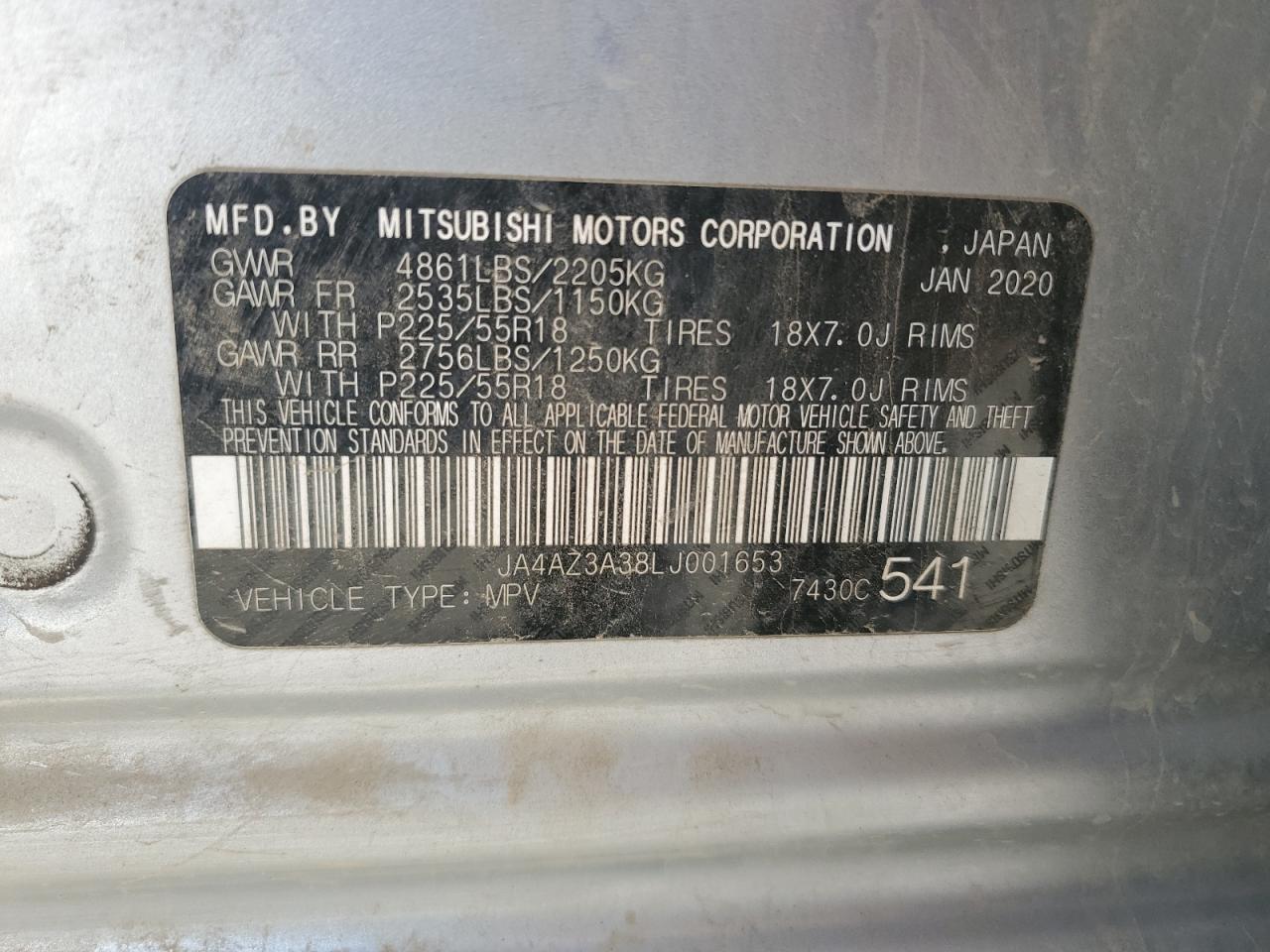 2020 Mitsubishi Outlander VIN JA4AZ3A38LJ001653 Copart auction photo, front end damage thumbnail 13
