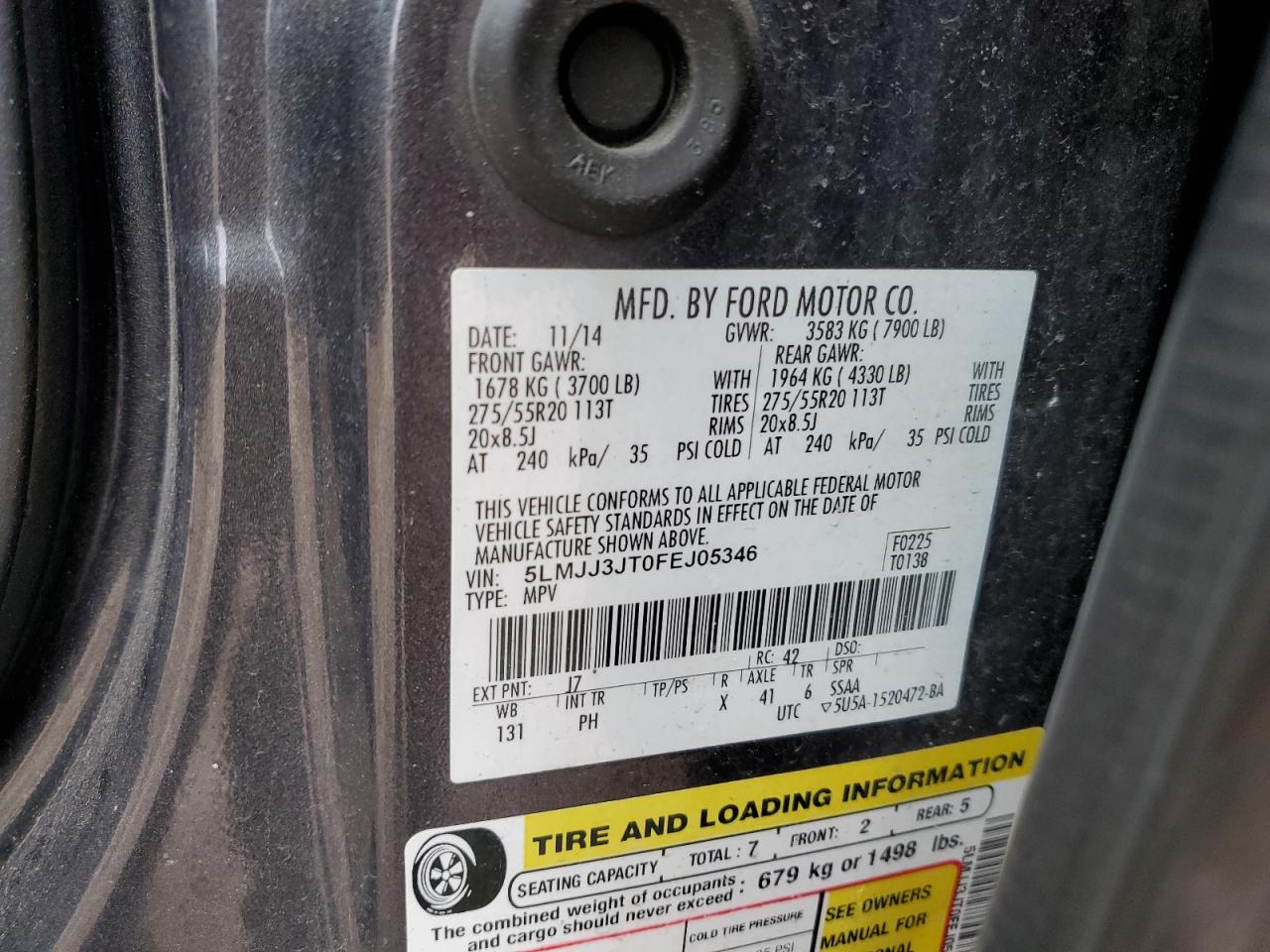 2015 Lincoln Navigator VIN 5LMJJ3JT0FEJ05346 Copart auction photo, front end damage thumbnail 13