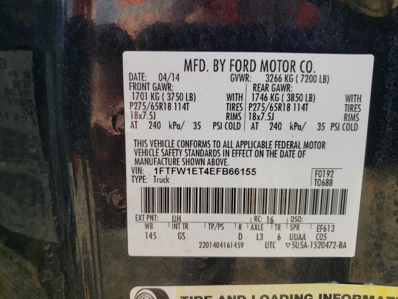 2014 Ford F-150 VIN 1FTFW1ET4EFB66155 Copart auction photo, all over / mechanical damage thumbnail 13