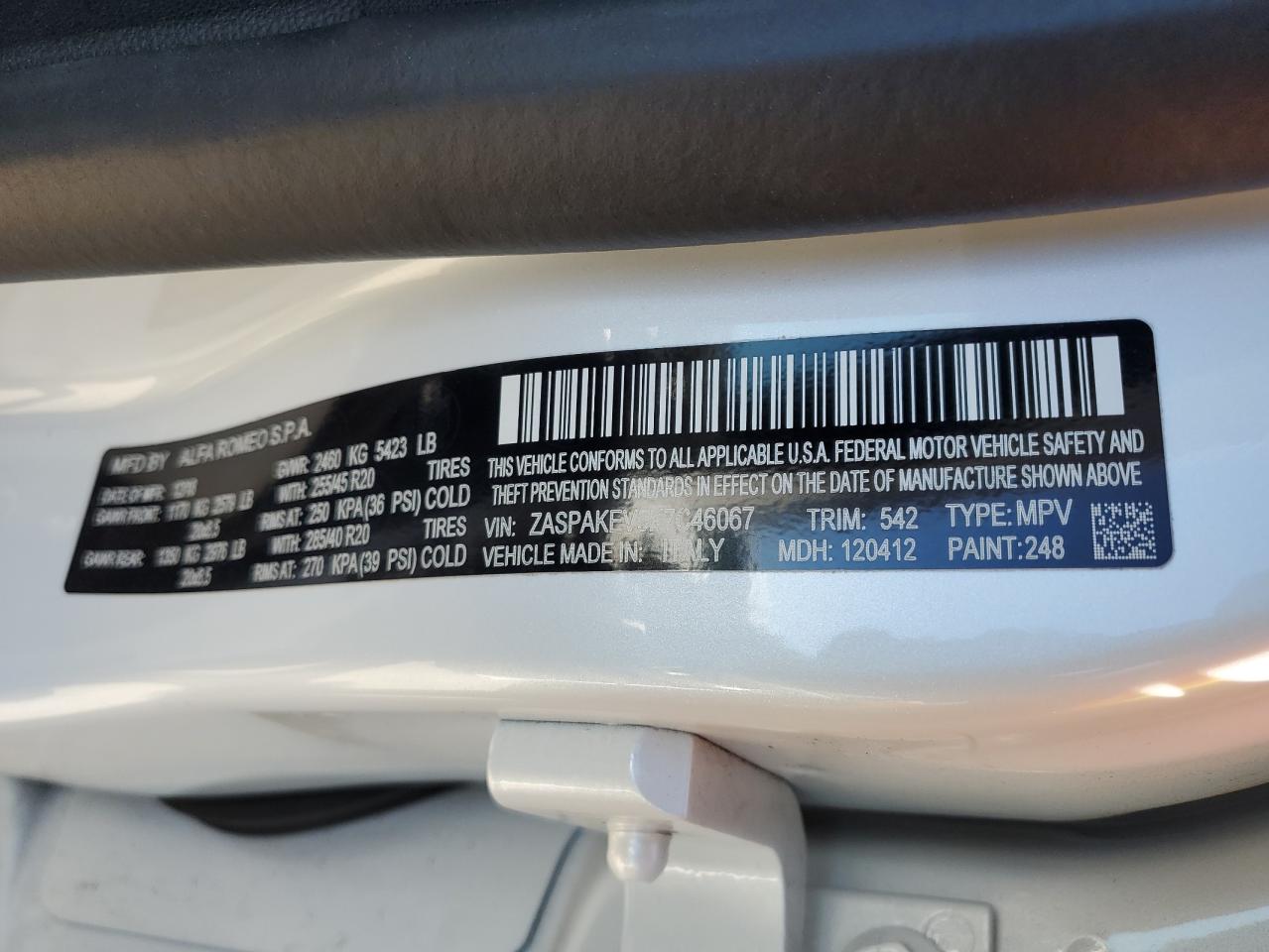 2019 Alfa Romeo Stelvio VIN ZASPAKEV3K7C46067 Copart auction photo, front end / mechanical damage thumbnail 13