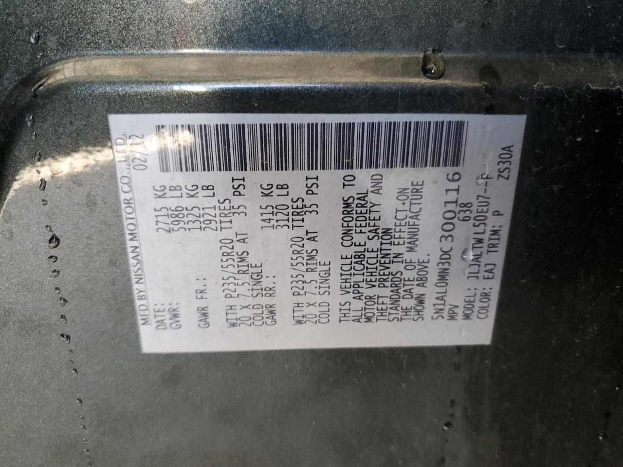 2013 Infiniti JX VIN 5N1AL0MN3DC300116 Copart auction photo, front end damage thumbnail 13
