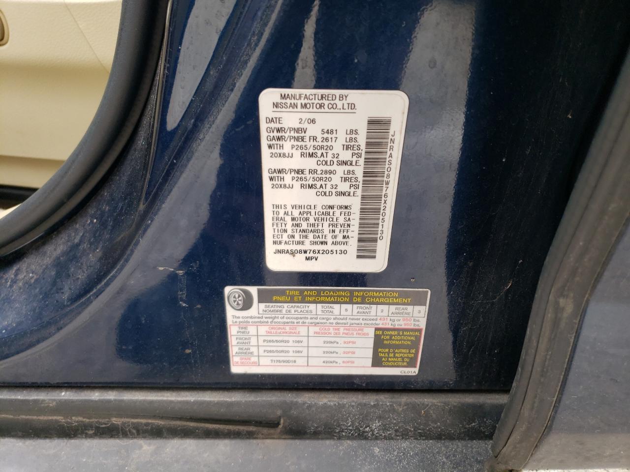 2006 Infiniti FX VIN JNRAS08W76X205130 Copart auction photo, rear end damage thumbnail 15