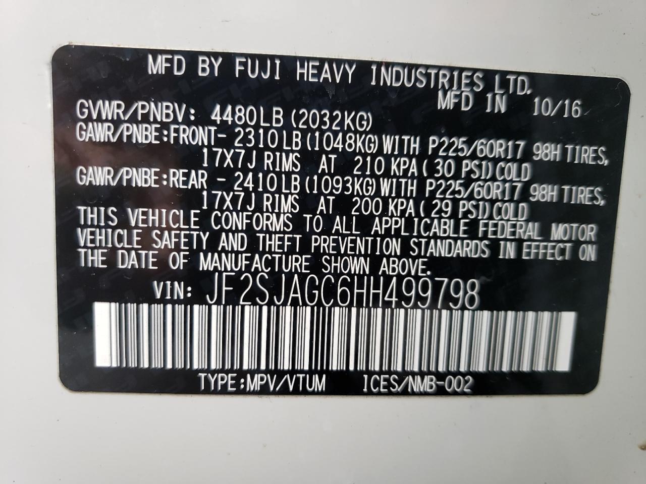 2017 Subaru Forester VIN JF2SJAGC6HH499798 Copart auction photo, front end / side damage thumbnail 15