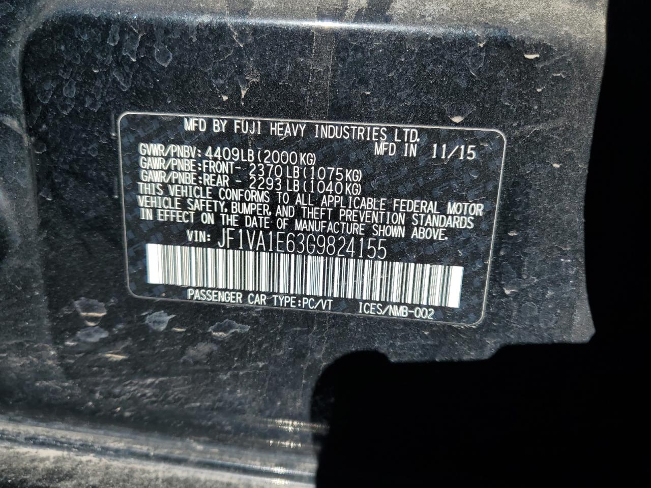 2016 Subaru WRX VIN JF1VA1E63G9824155 Copart auction photo, side / rear end damage thumbnail 12