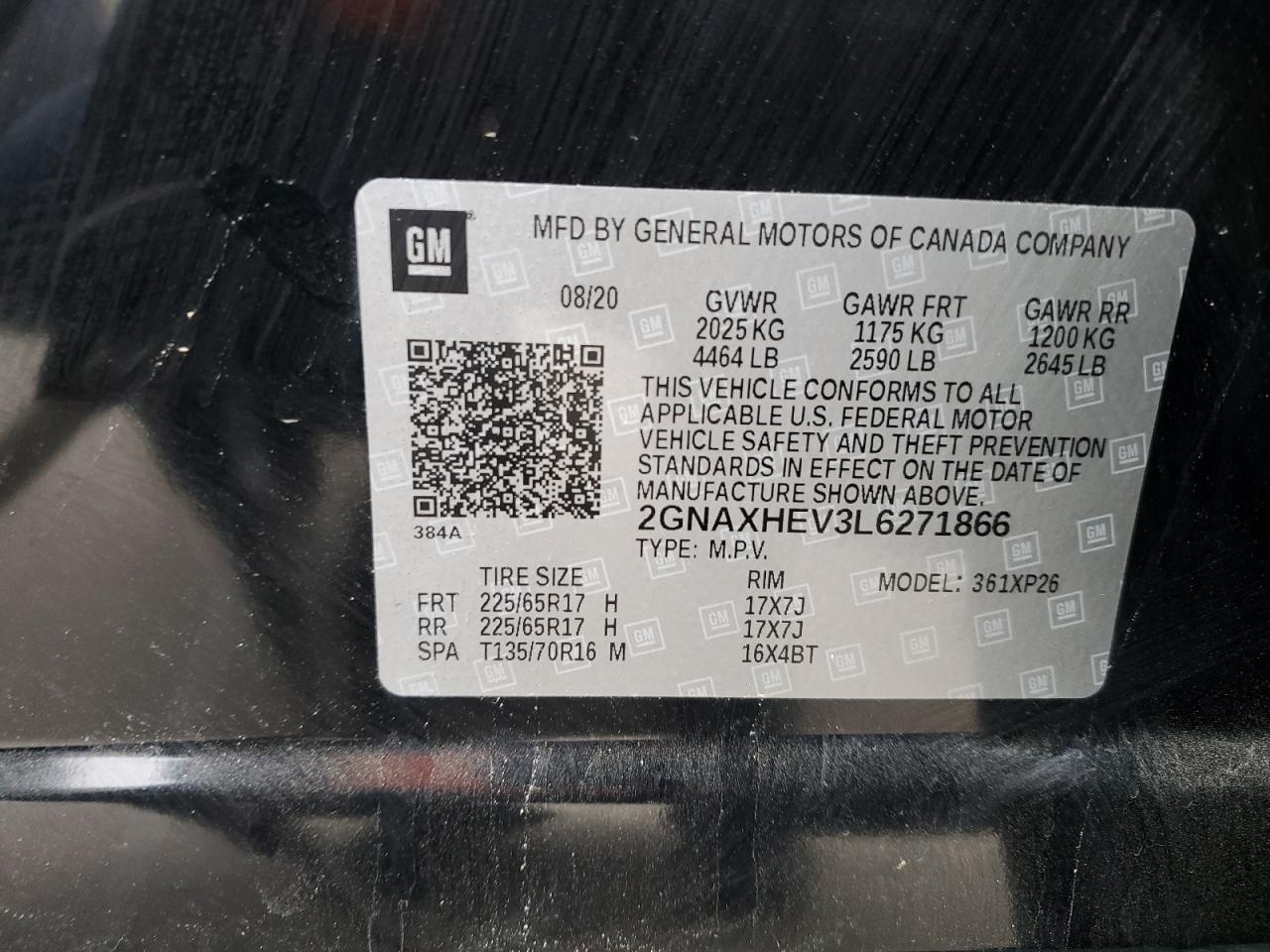 2020 Chevrolet Equinox VIN 2GNAXHEV3L6271866 Copart auction photo, front end damage thumbnail 14