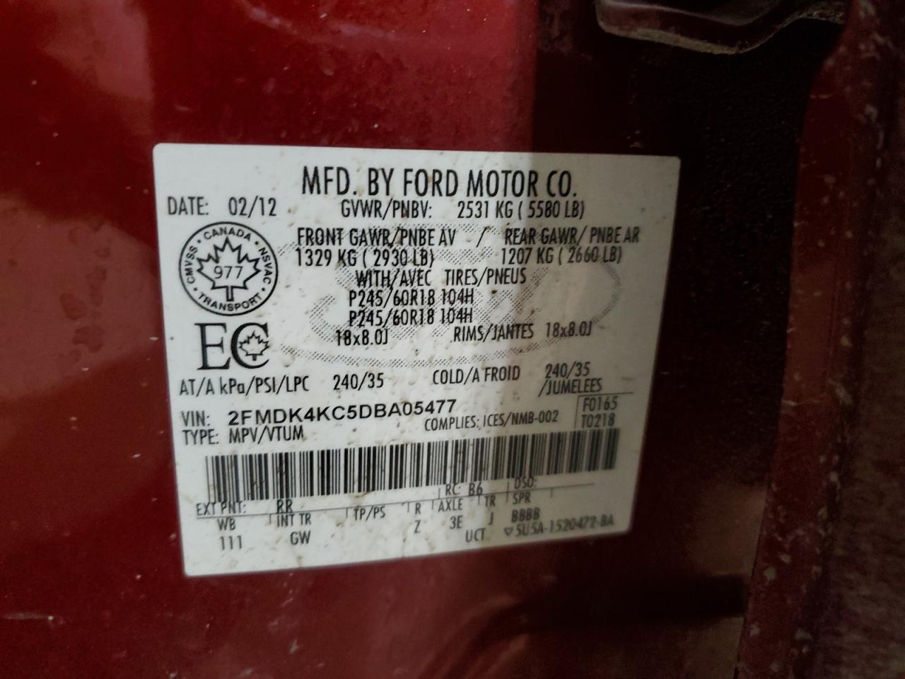 2013 Ford Edge VIN 2FMDK4KC5DBA05477 Copart auction photo, front end / side damage thumbnail 13