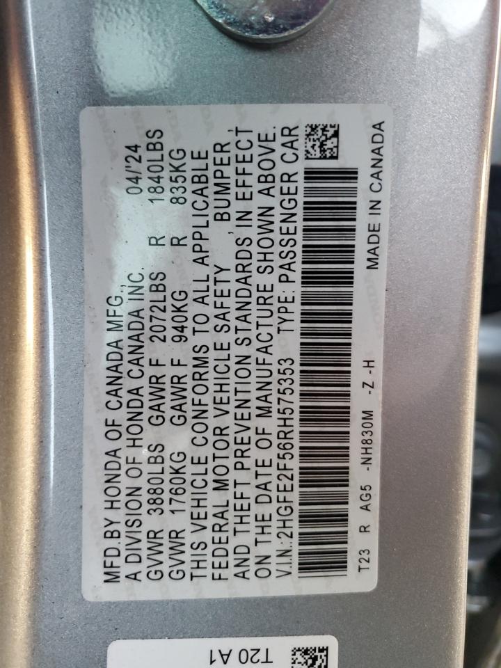 2024 Honda Civic VIN 2HGFE2F56RH575353 Copart auction photo, side damage thumbnail 15