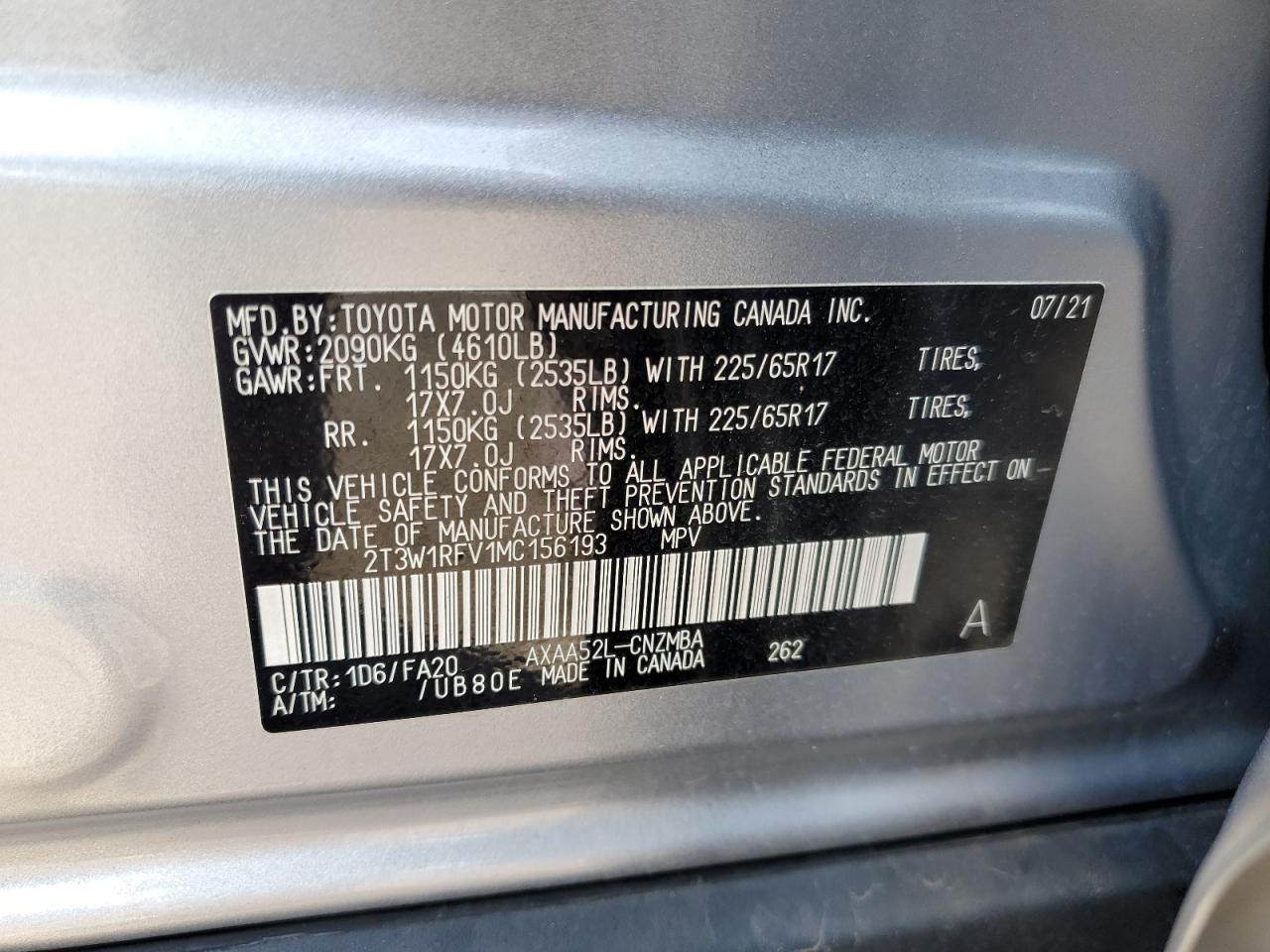 2021 Toyota RAV 4 VIN 2T3W1RFV1MC156193 Copart auction photo, front end / side damage thumbnail 13