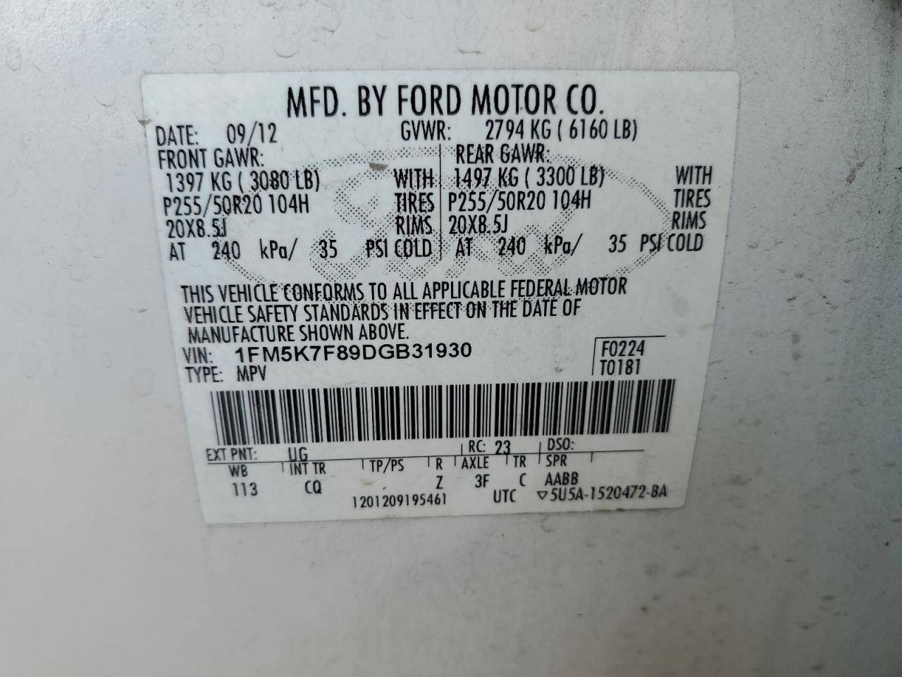 2013 Ford Explorer VIN 1FM5K7F89DGB31930 Copart auction photo, side / minor dent/scratches damage thumbnail 13