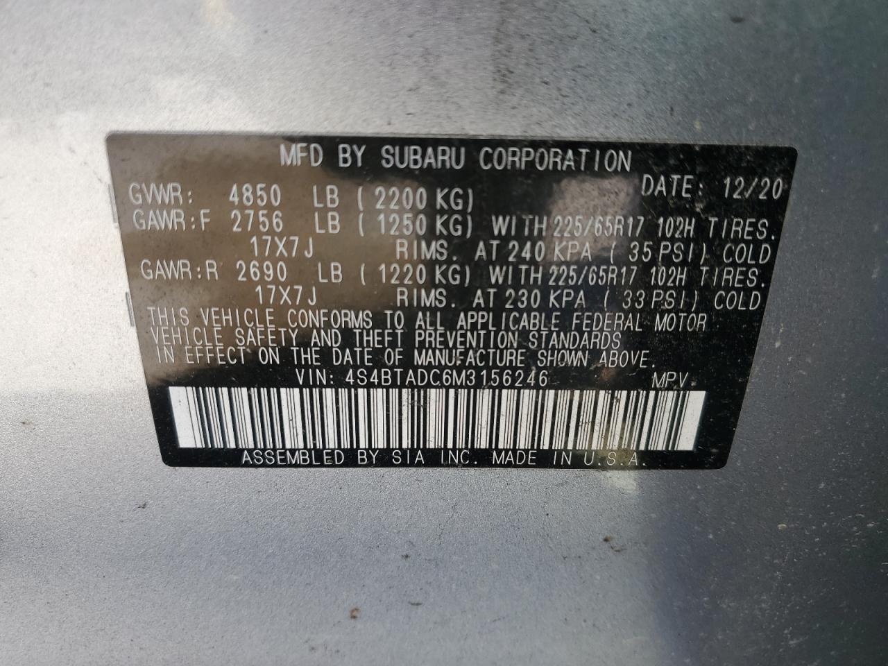 2021 Subaru Outback VIN 4S4BTADC6M3156246 Copart auction photo, front end damage thumbnail 13