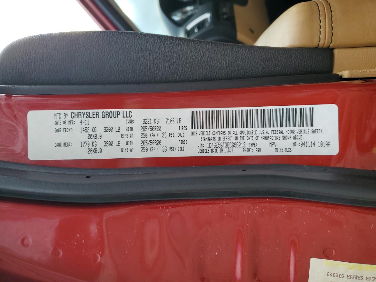 2011 Dodge Durango VIN 1D4SE5GT3BC698213 Copart auction photo, rollover damage thumbnail 13