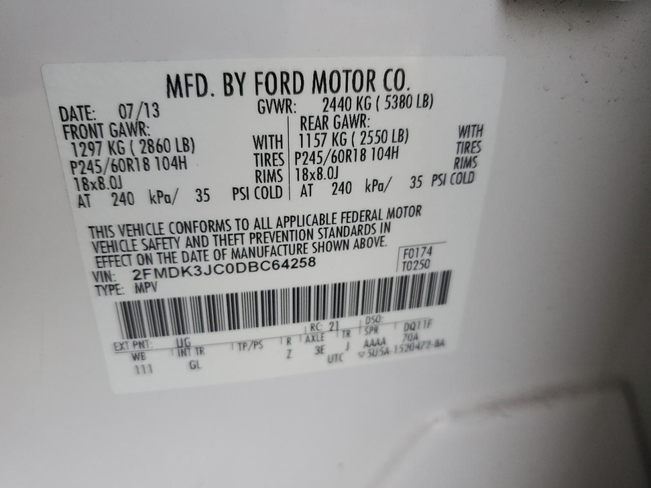 2013 Ford Edge VIN 2FMDK3JC0DBC64258 Copart auction photo, front end / rear end damage thumbnail 12