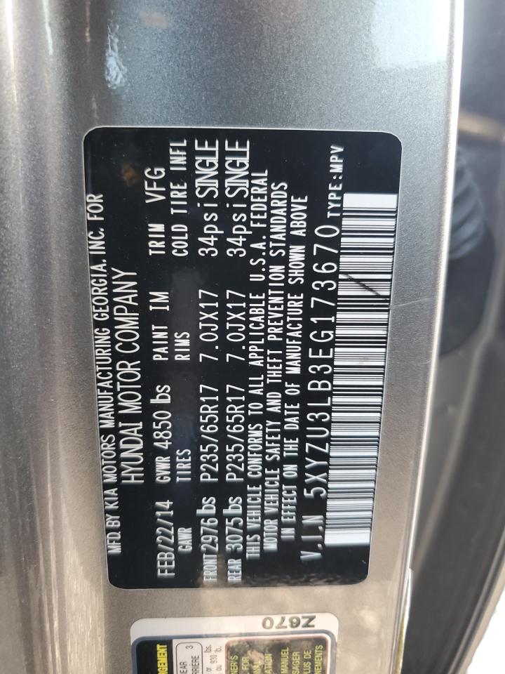2014 Hyundai Santa Fe VIN 5XYZU3LB3EG173670 Copart auction photo, front end / side damage thumbnail 15