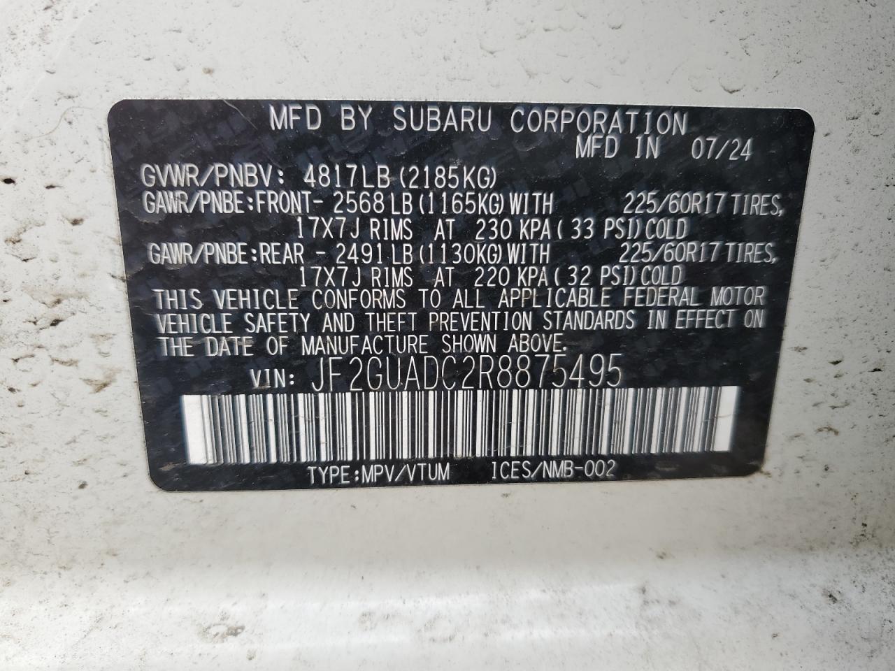 2024 Subaru XV VIN JF2GUADC2R8875495 Copart auction photo, rear end damage thumbnail 13